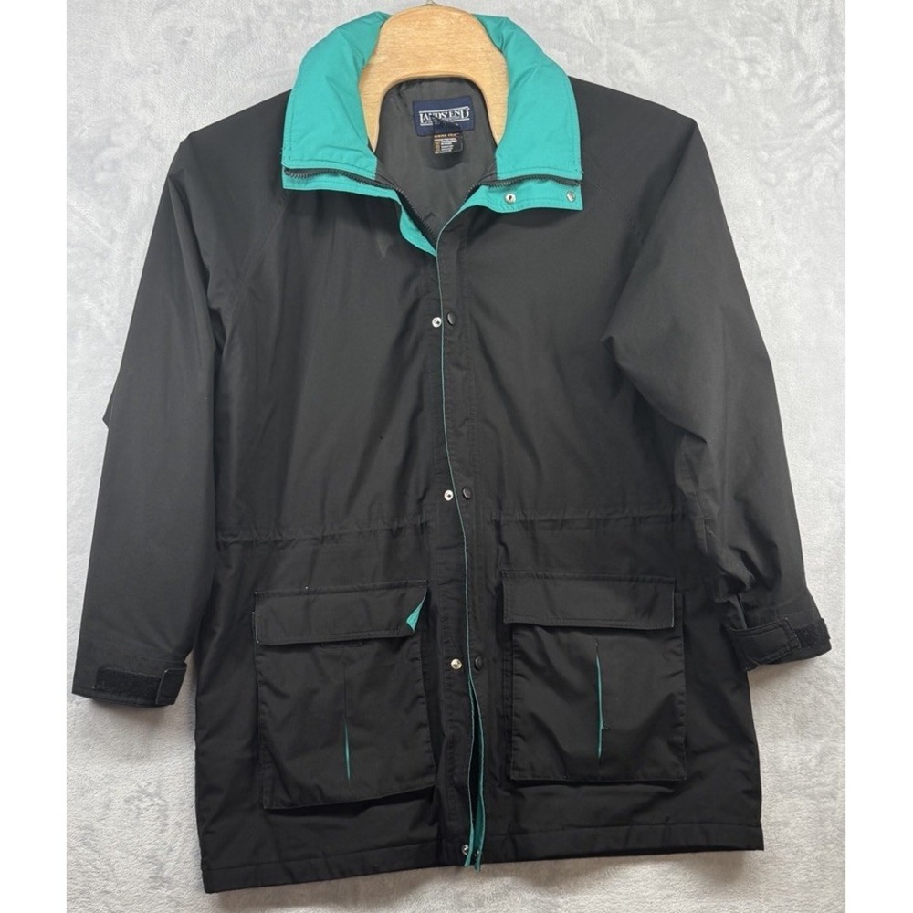 Vintage Lands End Gore-Tex Hooded Rain Jacket Waterproof Black USA Men's L READ